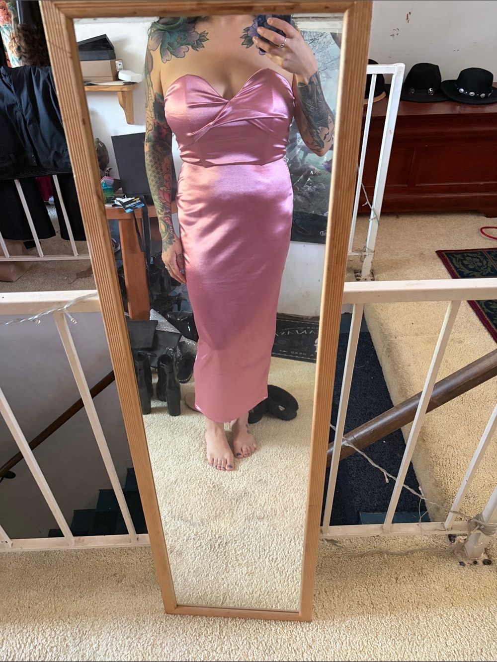 Strapless Satin Midi Dress in Pink